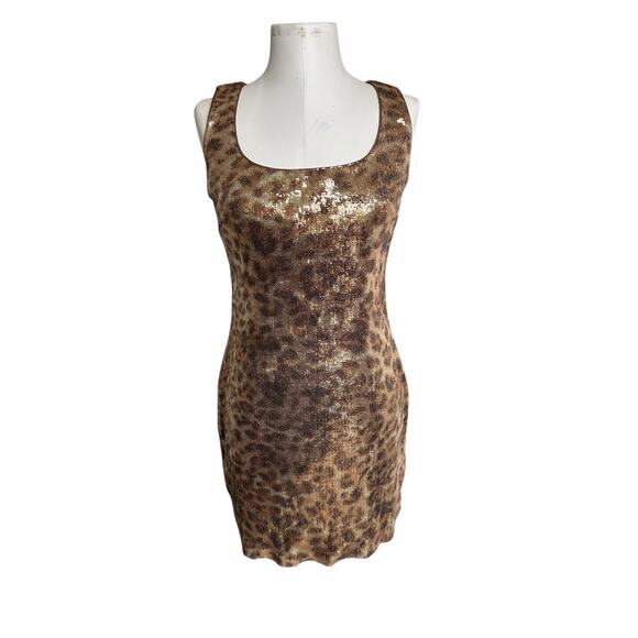 Cache Women's 8 Metallic Gold Sequin Cheetah Leopard Open Back Mini Sheath Dress - Picture 5 of 9